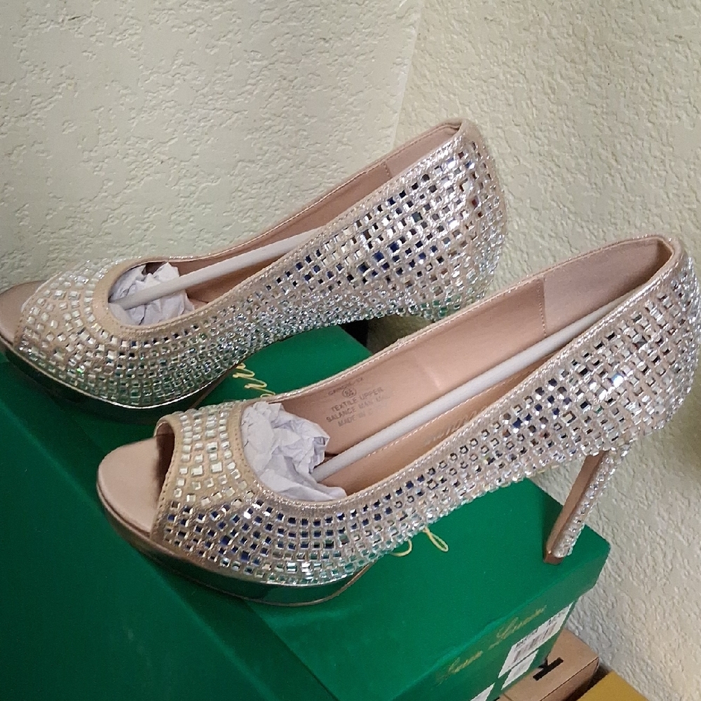 Lauren Lorraine Sparkling Silver Peep-Toe Heels